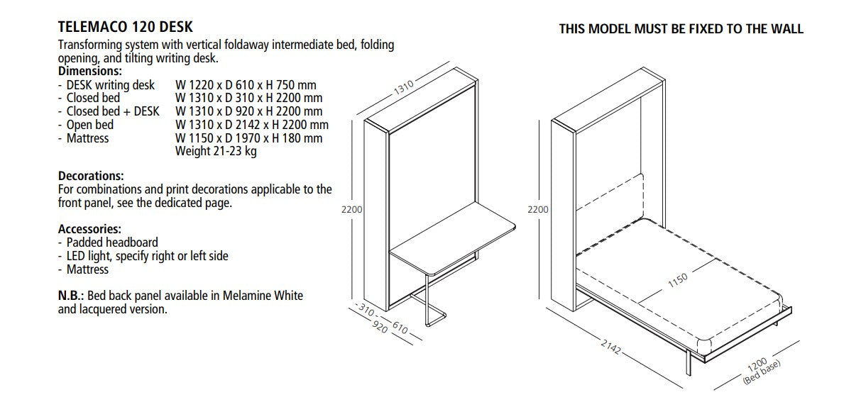 Telemaco 90 / 120 DESK, Wall bed - Bonbon Compact Living