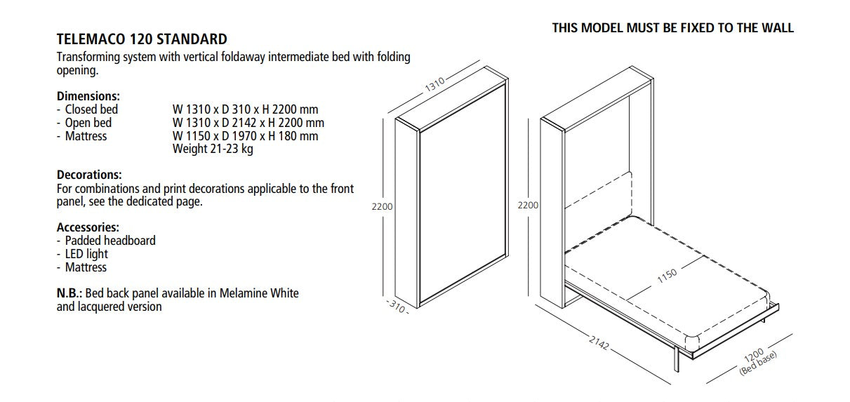 Telemaco 90 / 120, Wall bed - Bonbon Compact Living