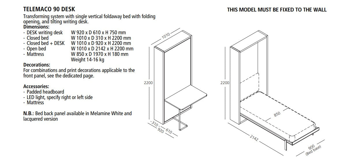 Telemaco 90 / 120 DESK, Wall bed - Bonbon Compact Living