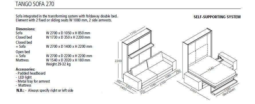 Tango 223 and 270 sofa wall beds, Wall bed - Bonbon Compact Living