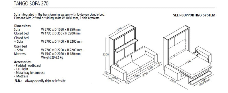 Tango 223 and 270 sofa wall beds, Wall bed - Bonbon Compact Living