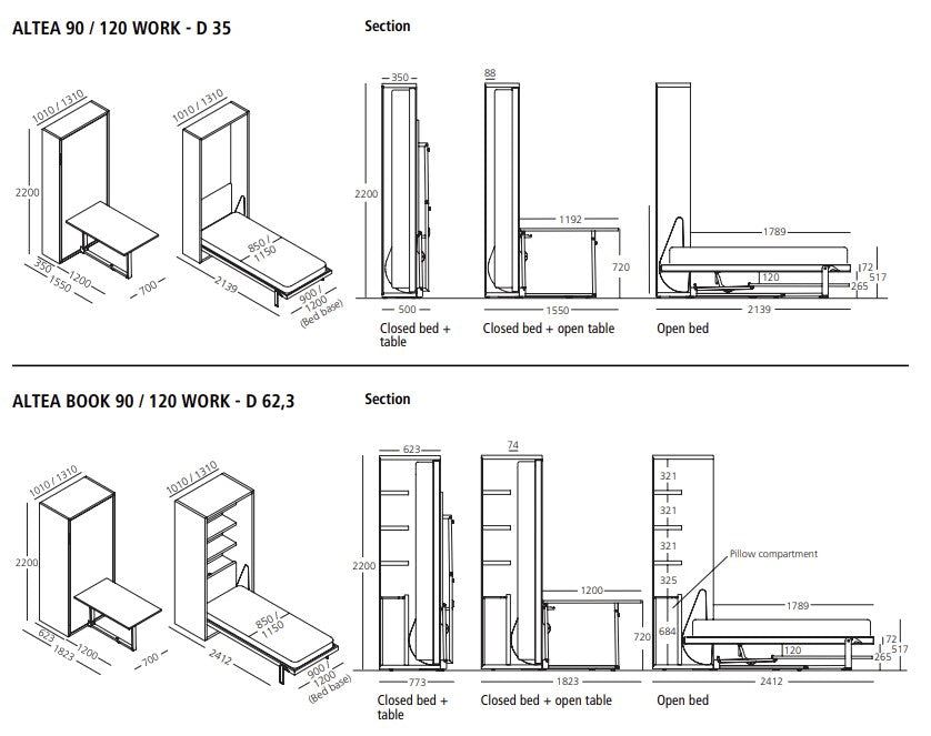 Altea Work 90/120, Wall bed - Bonbon Compact Living