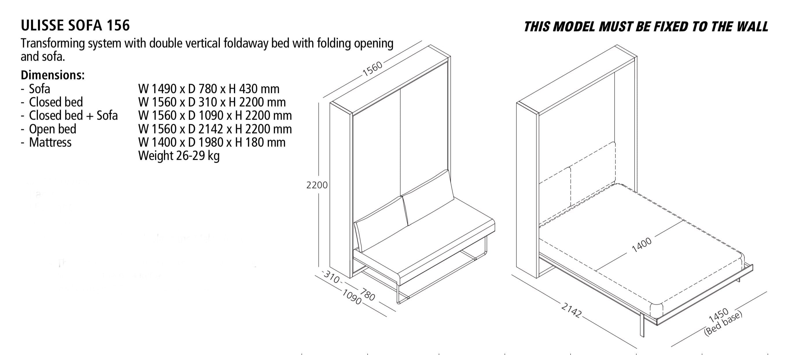 Ulisse 156 Sofa, Wall bed - Bonbon Compact Living